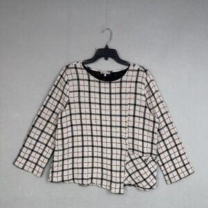 Habitat Shirt Women Medium Gray Plaid Textured Asymmetrical Hem Pocket Artsy Top